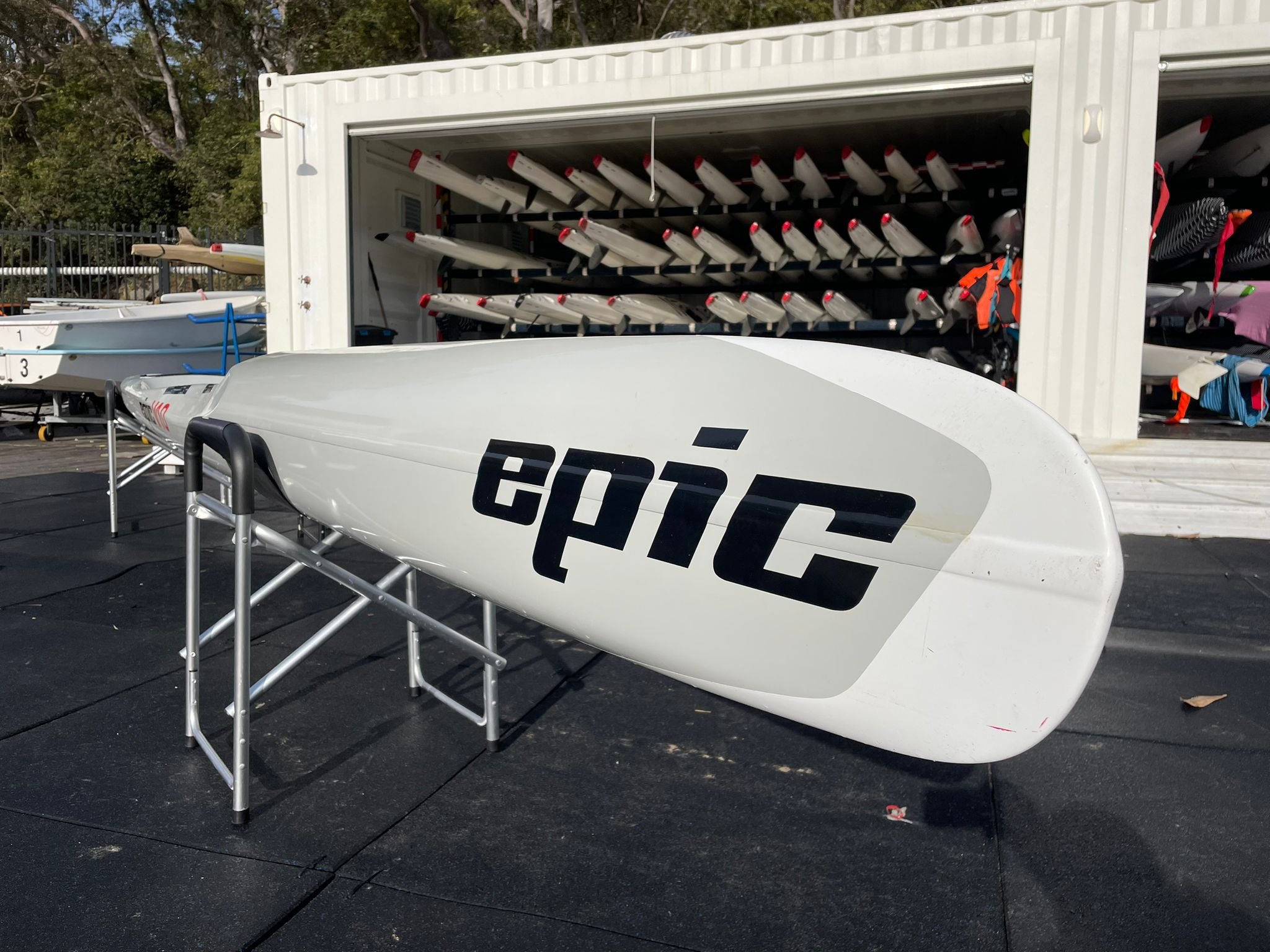 The nose of a new Epic V10 on a boat stand